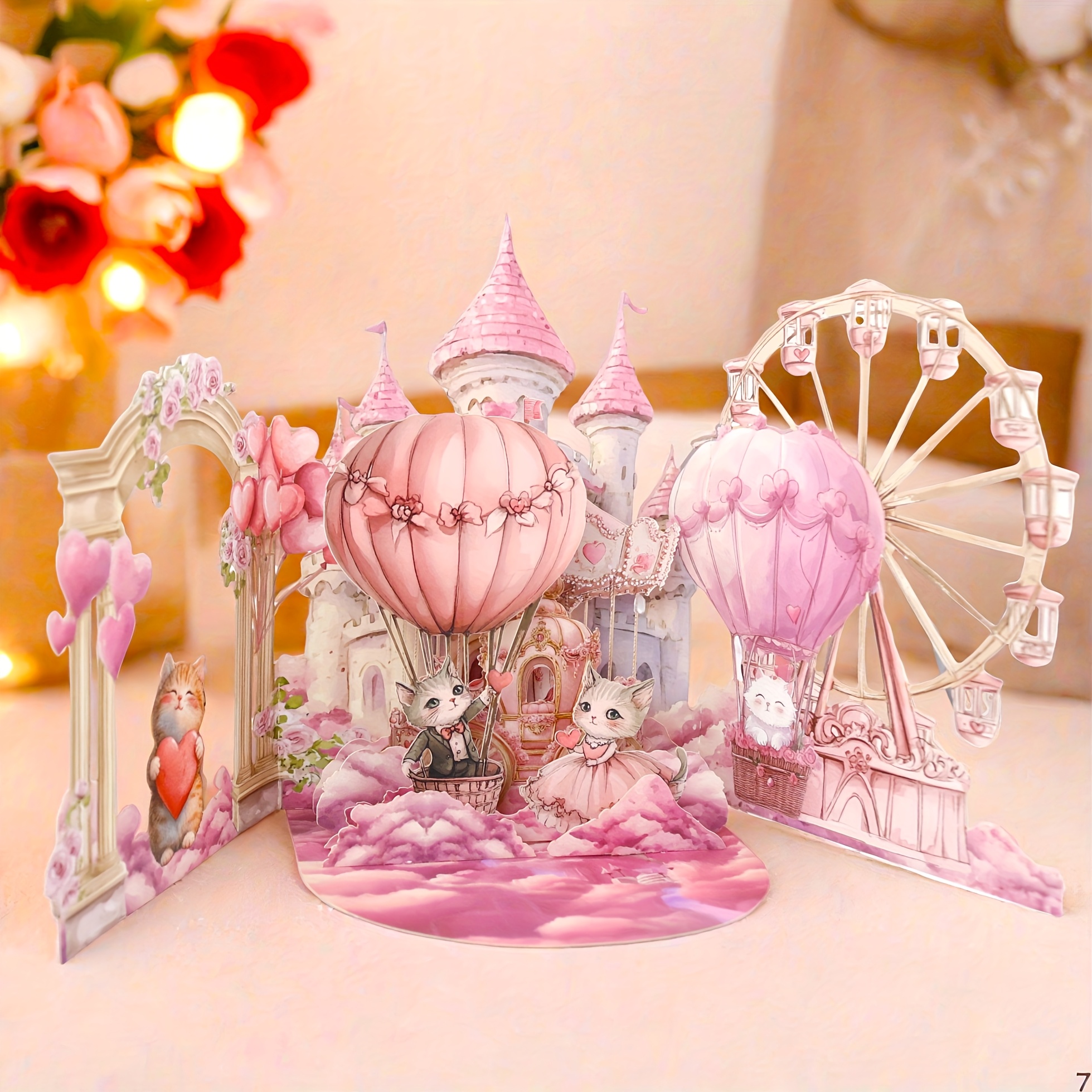 Valentine's Day Pop-up Card With Pink Castle And Cute Cats Design, Includes Exquisite Envelope - Perfect For Lovers And Crushes