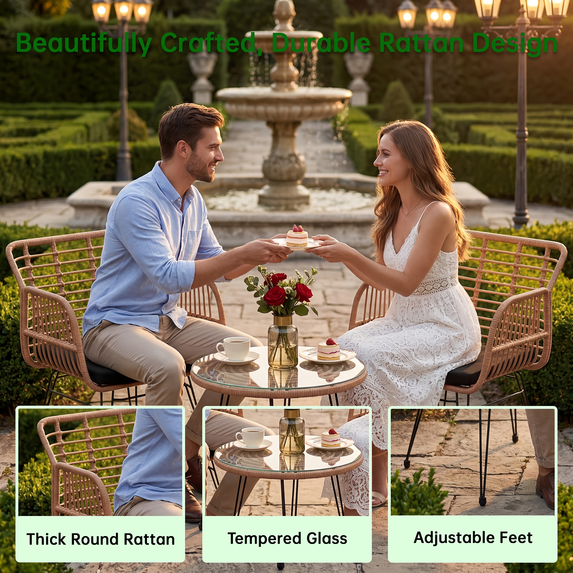3pcs Outdoor Rattan Bistro Table and Chairs Set - Contemporary Boho Furniture with Tabletop, UV & Rain Resistant Suitable for, Poolside, Balcony, Black/Natural Rattan, All-Weather for /Outdoor Use