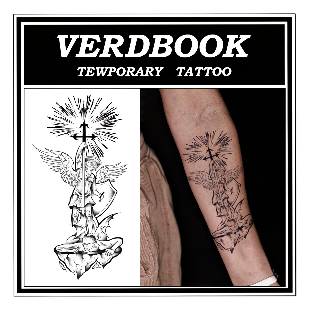 VERDBOOK Temporary Tattoo Stickers - Angel with Sword & Radiant Wings, Long-Lasting 1-2 Weeks Waterproof Body Art, Gothic Religious Tattoo Designs for Arm, Leg, Back - Dark Angelic Decoration for Cosplay, Fantasy Events - VERDBOOK Tattoo