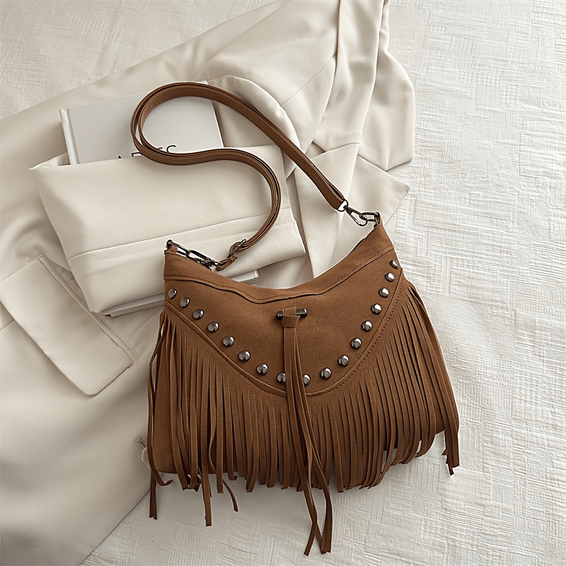 TEMU Women's Bohemian Tassel Crossbody Bag With Adjustable Strap & Zipper Closure - Vintage Shoulder Purse Suitable For Daily , Shopping, Dates,
