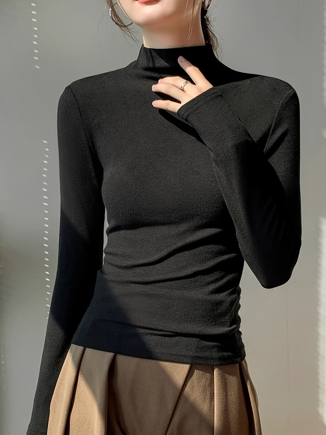TQWQT Turtle Necks Tops For Women Long Sleeve Solid Color Curved Hem Graphic Tee Turtleneck Loose Fit T Shirts Plus Size Fall Shirts Green S