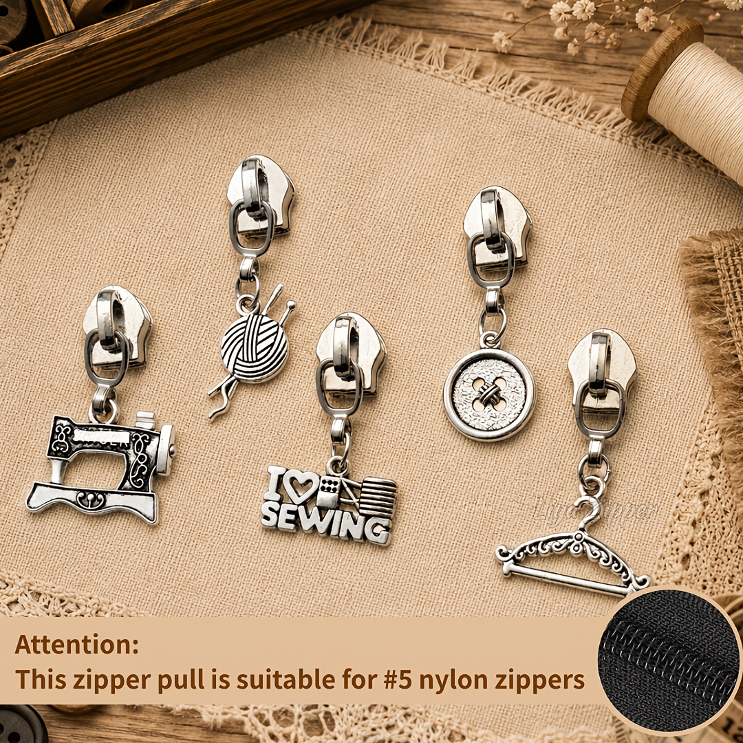 TEMU Retro Sewing Series Zipper Heads, 5pcs Assorted Styles Of Zipper Pulls – Sewing Machine, Scissors, Thread Spool, Buttons, Hangers, Etc.,