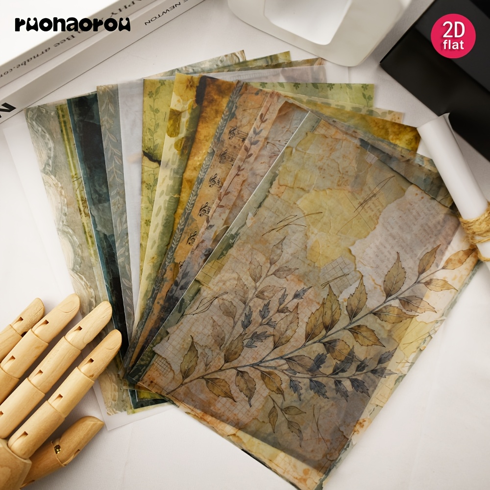TEMU Brand Ruonaorou 2d Flat 12pcs A5 Translucent Floral Nostalgic Dried Flower Text Junk Journal Diary Material Tracing Paper Notebook Tracing Paper