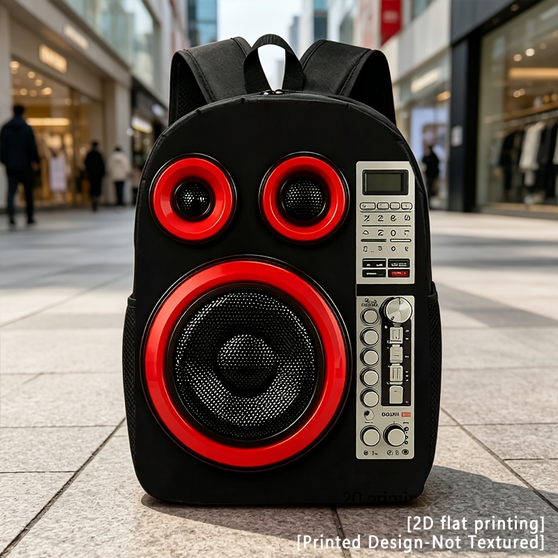 TEMU Red Black Speaker, Casual Backpack, Travel Laptop Backpack, 2d Flat Printing, Rucksack With Capacity - Suitable For Travel, Daily Use, And