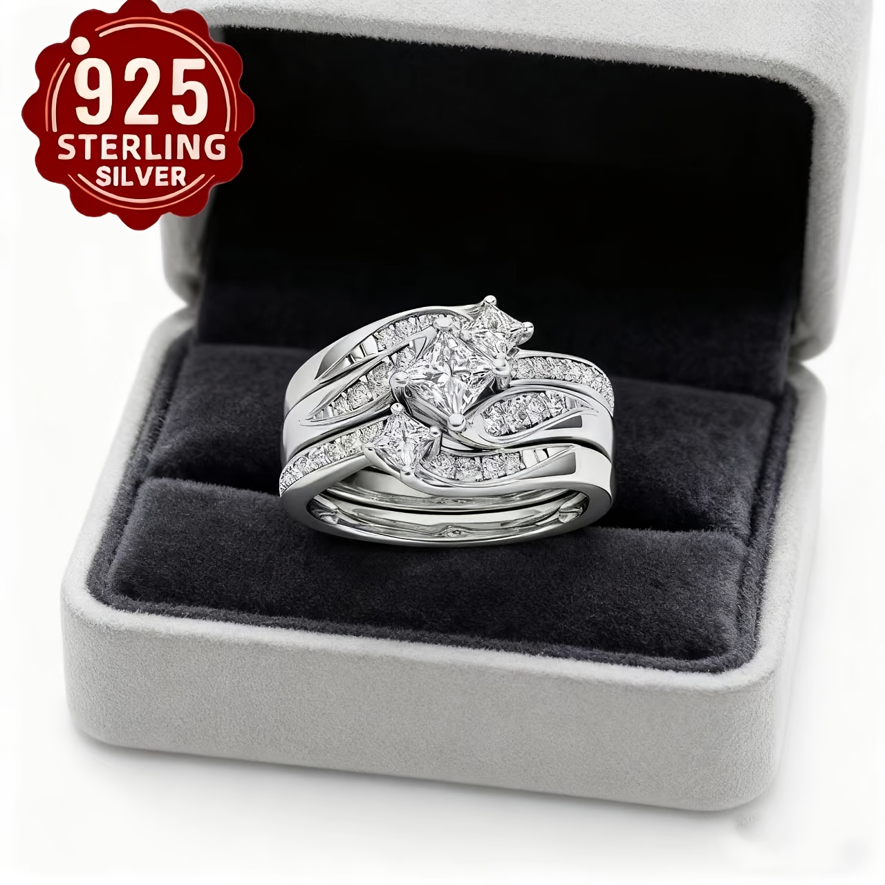 TEMU Parure de 3 bagues élégantes S pour femme, bague de fiançailles de luxe avec synthétique incrustée carrée pour fêtes de mariage pour hommes et