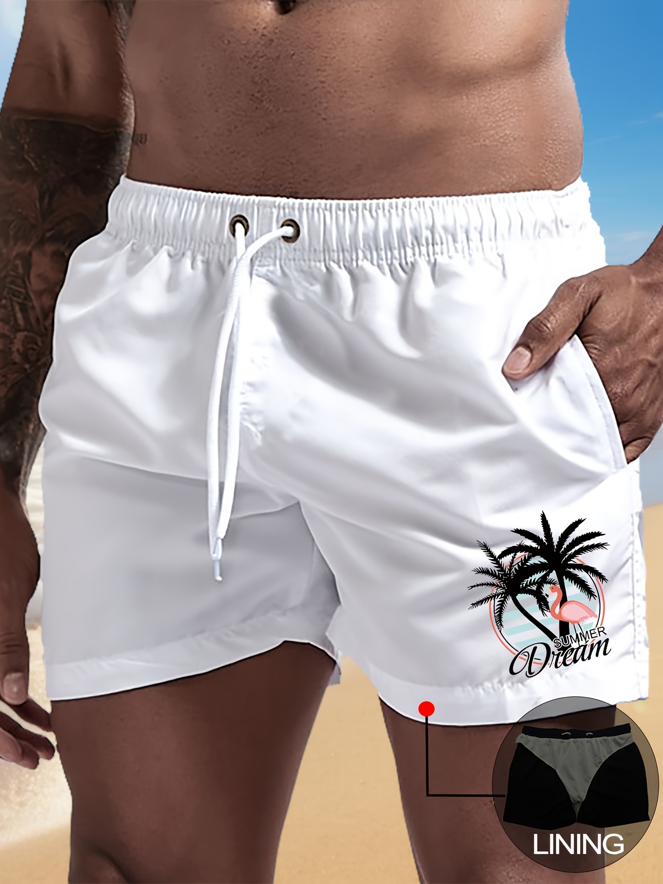 Men'S Flamingo Print Swimming Trunks - Swimming Shorts, Elastic Drawstring Waistband - Lightweight Beach Shorts Suitable for Surfing, Swimming, Fitness, Vacation - with Inner Mesh, Non-Sticky Quick-Drying Fabric, Sporty Style, Durable Design