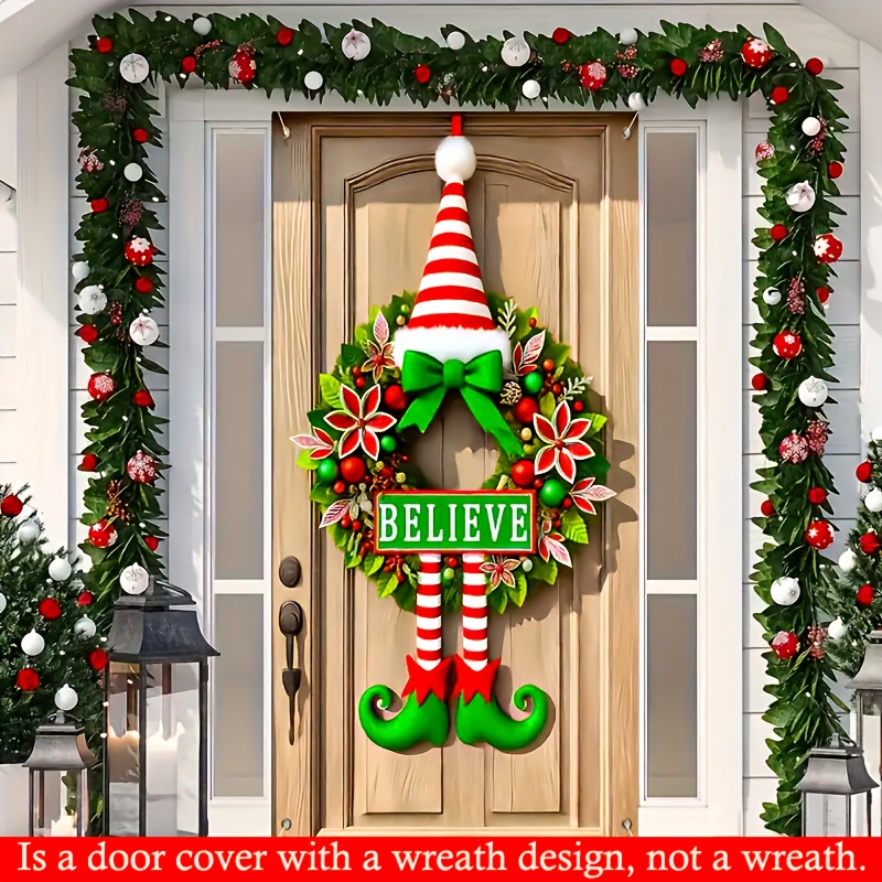 

2d Door Banner, " Christmas Elf Wreath Door Banner - Polyester, 35.43x70.87 Inches, Holiday & New Year Decor, Outdoor Porch And Yard Display