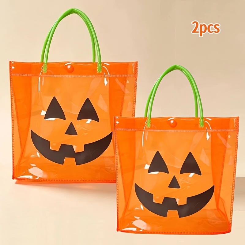 TEMU 2pcs Halloween Pumpkin Clear Gift Bags With Handles, Orange Goody Bags With Green Handle For Trick Or Treat, Reusable Plastic Tote Bags,
