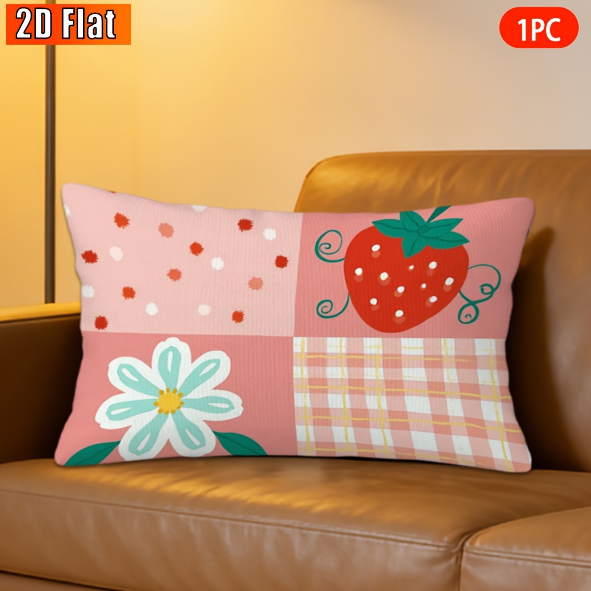 TEMU 2d Flat, 1pc, Throw Pillow Cover, Strawberry Floral Plaid Polka Dot Pattern Decorative Pillowcase, Pillow Insert Not Included, Easter Gift, Cozy