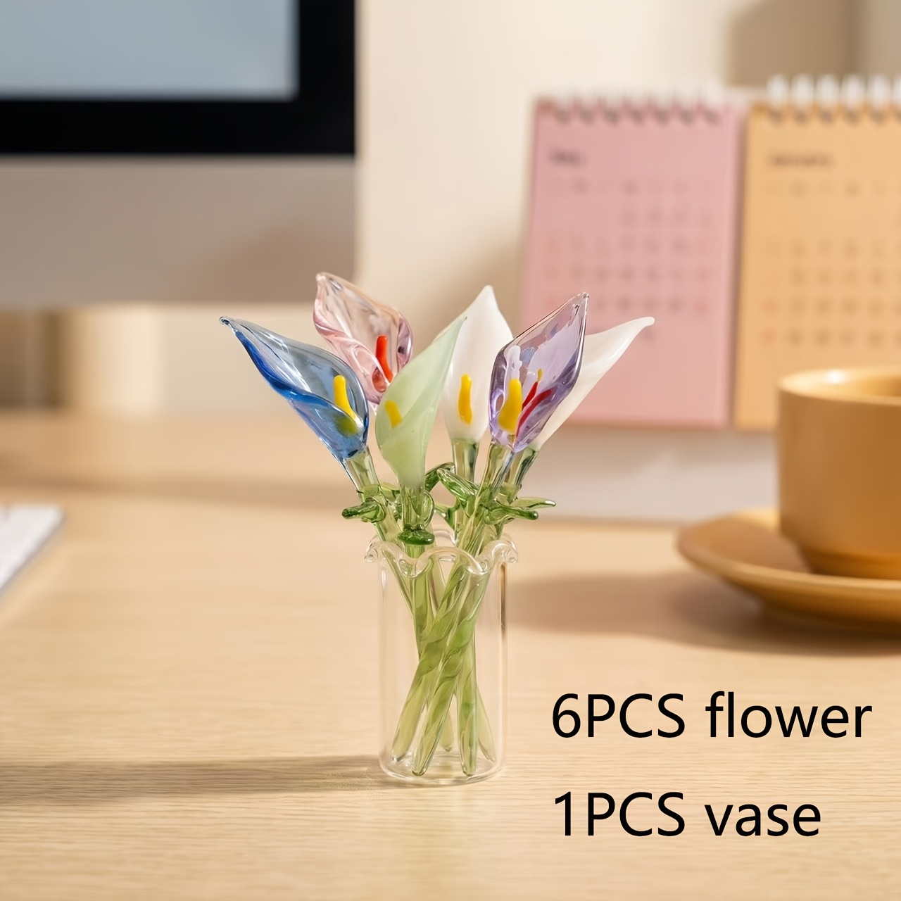 TEMU 7pcs Handmade Blown Glass Mini Calla Lily Flower Bouquet Ornament, Multicolor Translucent Glass Flower Desktop Decor With Tiny Clear Glass Vase,