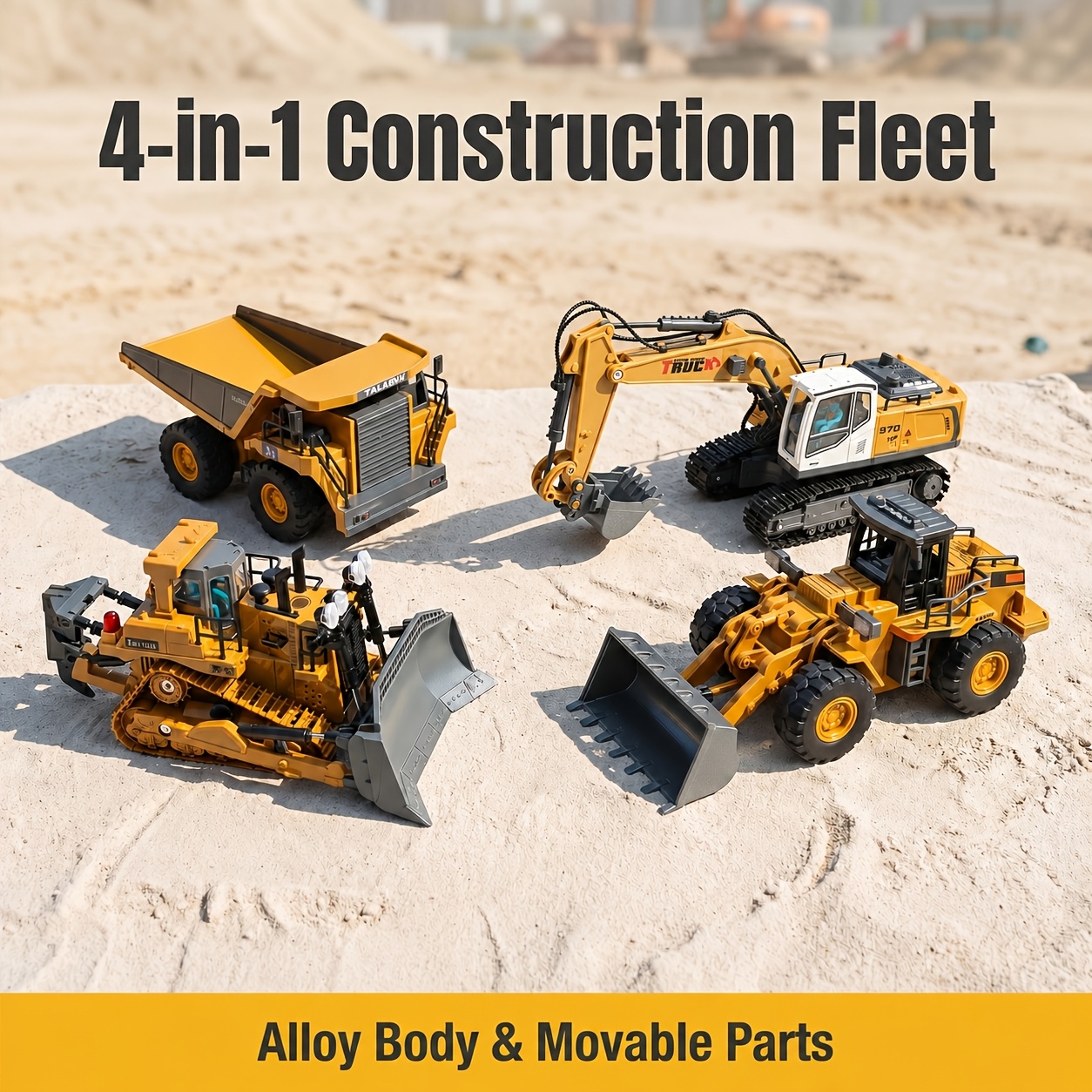 TEMU 4pcs Alloy Rc Engineering Vehicle Set, Excavator Bulldozer Loader Dump Truck With Movable Parts, Indoor Outdoor Construction Model Collection