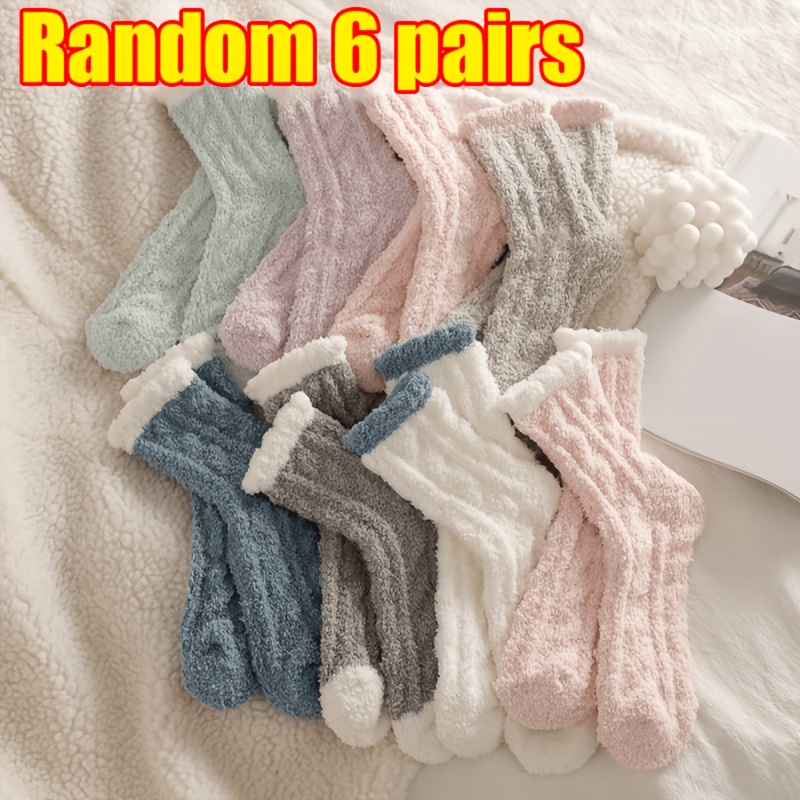 TEMU Random 6 Pairs Of Winter Warm Coral Fleece Socks For Women - Thickened Style - Soft Fuzzy Socks With Anti-slip Striped Bottom, Breathable And