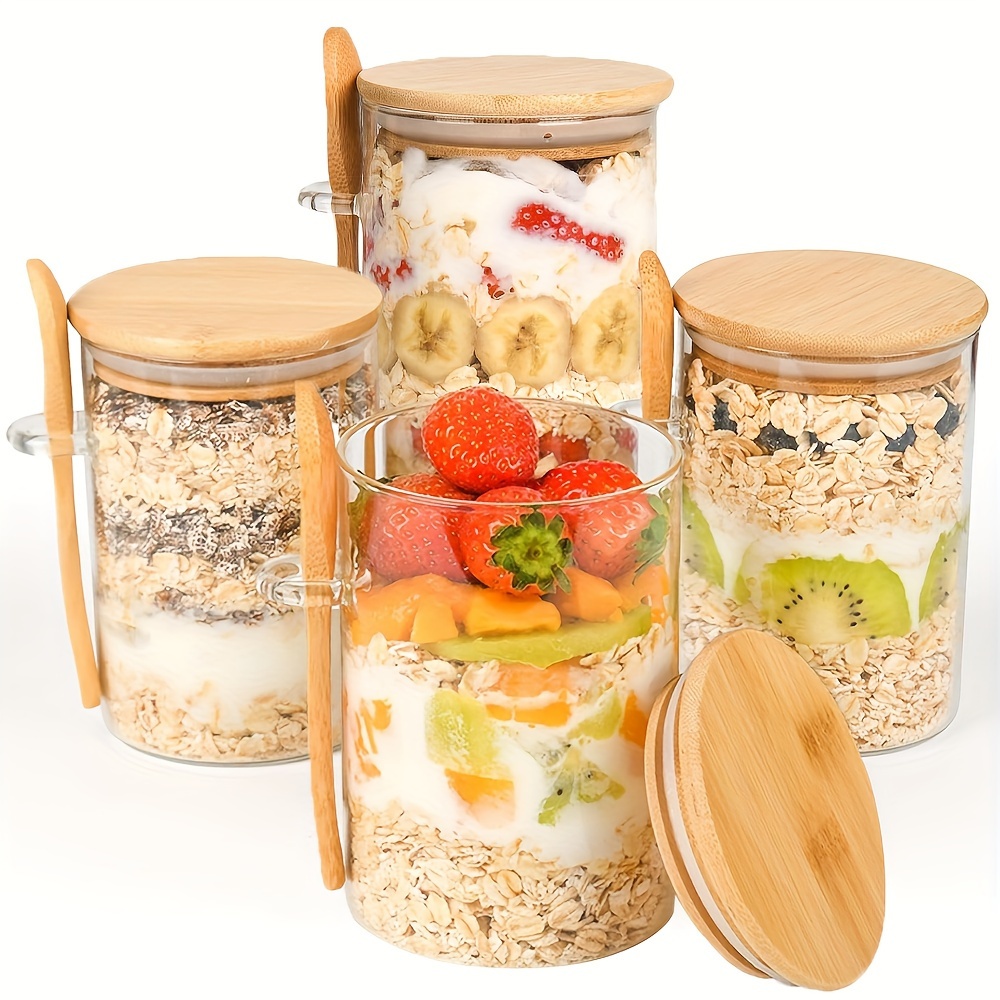 

4pcs 18oz Overnight Oatmeal Cups, Glass Cup, Oatmeal Containers With Bamboo And Spoons, Water Glass, Pearl Safety Packaging For Picnic