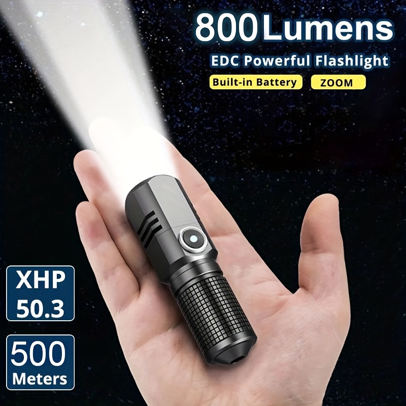 

1pc Aluminum Alloy 800 Lumen P50 Led Handheld Flashlight, Usb-c Rechargeable With Battery & Strap, Water Repellent, 3 Modes, High Power Zoomable Spotlight With 500m Range