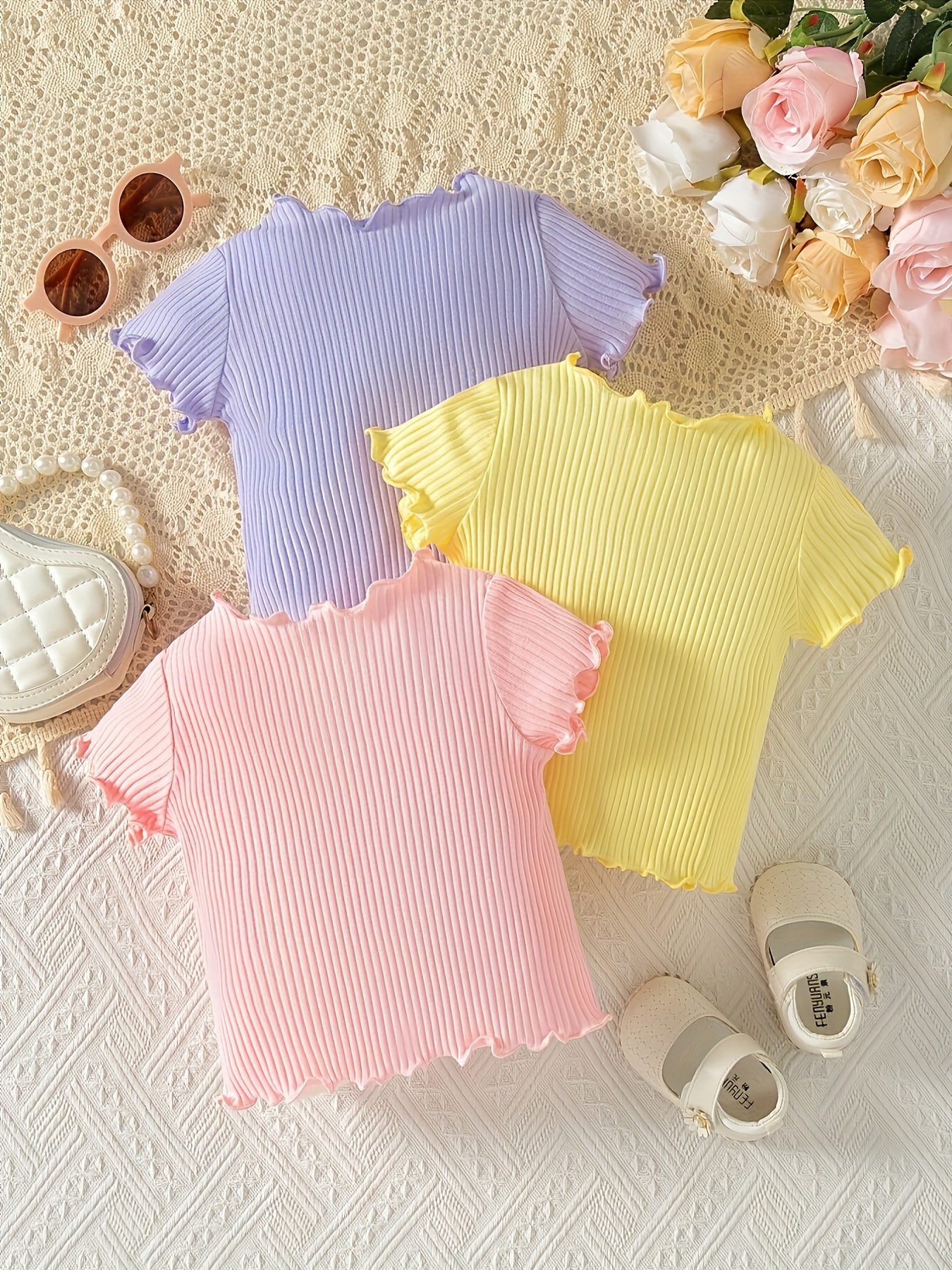 Girl Summer Daily Solid Color Ribbed Dense Edge Versatile T-shirt 3pcs Set  Girl Simple T-shirt Top Versatile Daily