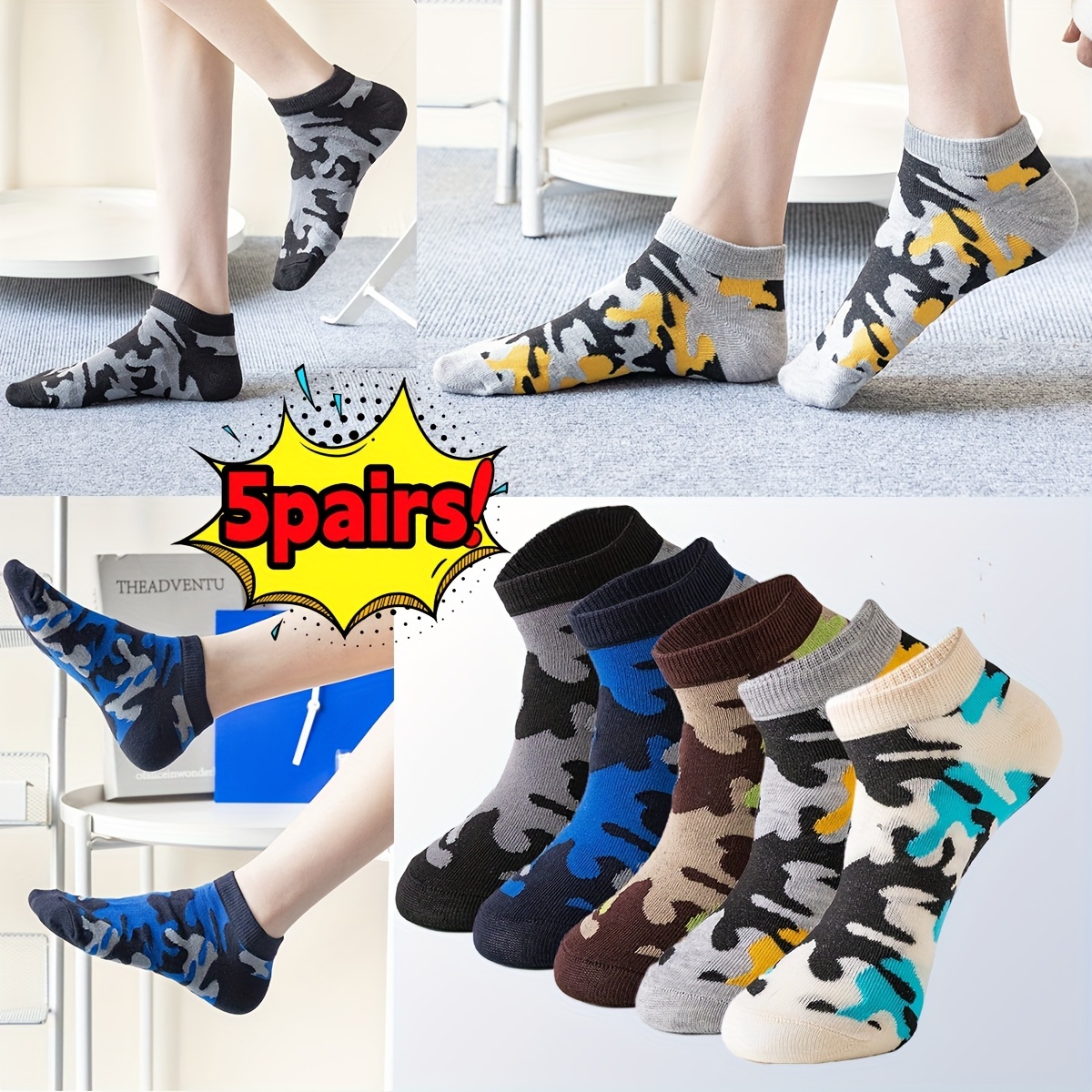 

5 Pairs Of Men's Simple Camouflage Liner Anklets Socks, Comfy Breathable Soft Sweat Absorbent Socks For Men's Outdoor Wearing