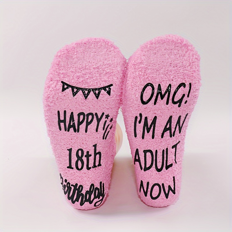 Image of 1 Pair Anti-pilling Coral Fleece Socks, Multicolor Comfortable Breathable Sweat-absorbing Women's Casual Athletic Wear Women's Athletic Socks "happy 18th Birthday" Best Gift For Women