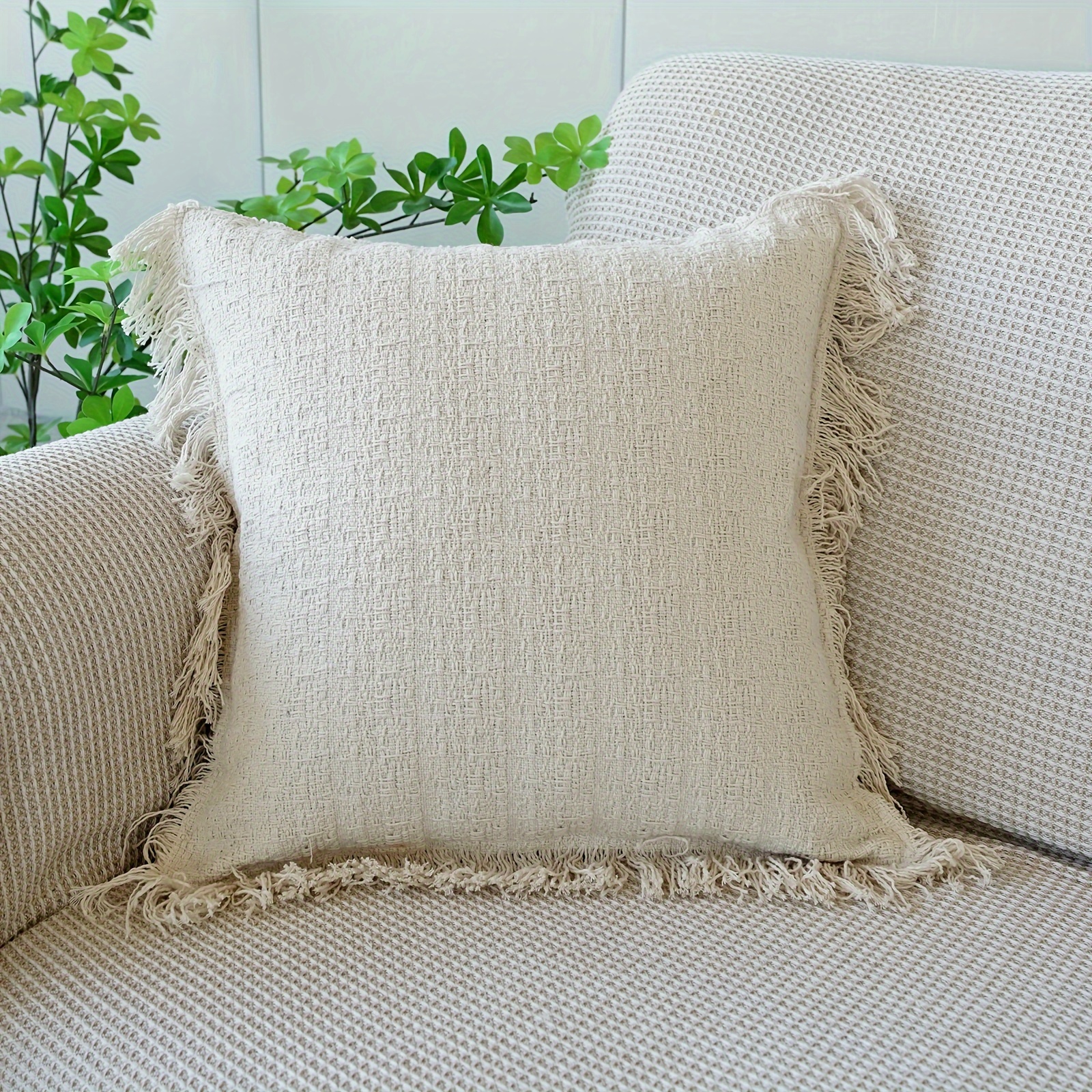 TEMU Taie d'oreiller à pompons à texture A, coussin de canapé uni de style Ins, coussin de tête de lit de canapé, coussin d'appoint de style Zan'ess
