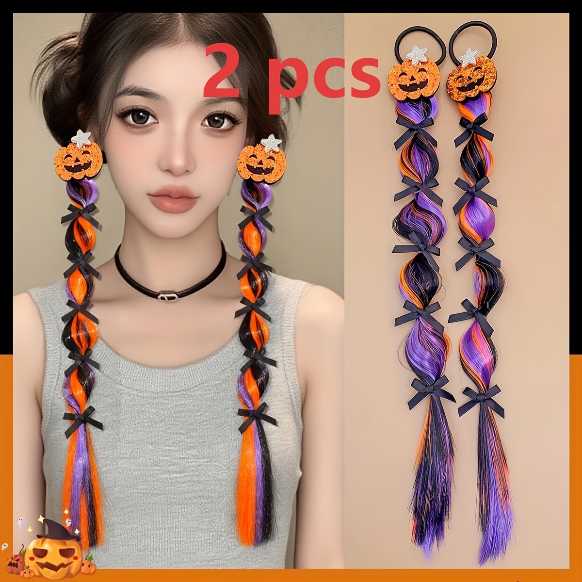 TEMU Juego de 2 piezas de ligas para el pelo trenzadas con degradado y con decorativos de calabaza y , cordón de pelo trenzado largo y retorcido,