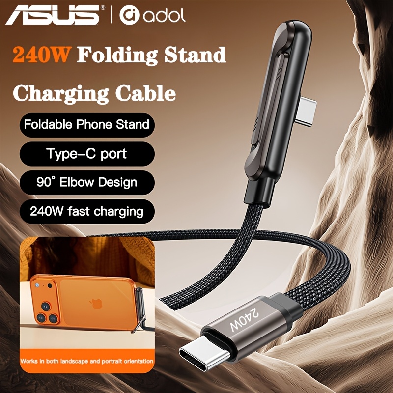   240w snabbladdningsflätad kabel med hopfällbart stativ, 90-graders l-  type-c-kontakt för horisontell/  laddning, kompatibel med iphone 15/16/17, samsung, huawei, xiaomi, ipad, macbook, bärbar dator, pd supersnabb laddning för spelare