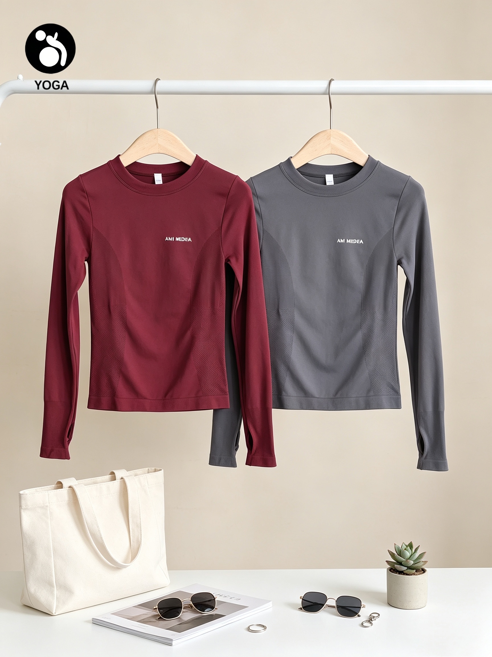 2pcs Women's Casual Yoga Long-Sleeve Sports T-Shirt, Long Sleeves with Finger Holes, High-Stretch Body-Hugging Base Laye