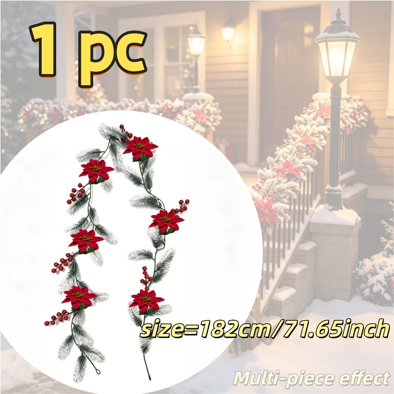 TEMU 1pc Artificial Snow-covered Christmas Decorative Rattan With Pine Branches, Red Flowers, And Red Berries, Suitable For Indoor And Christmas