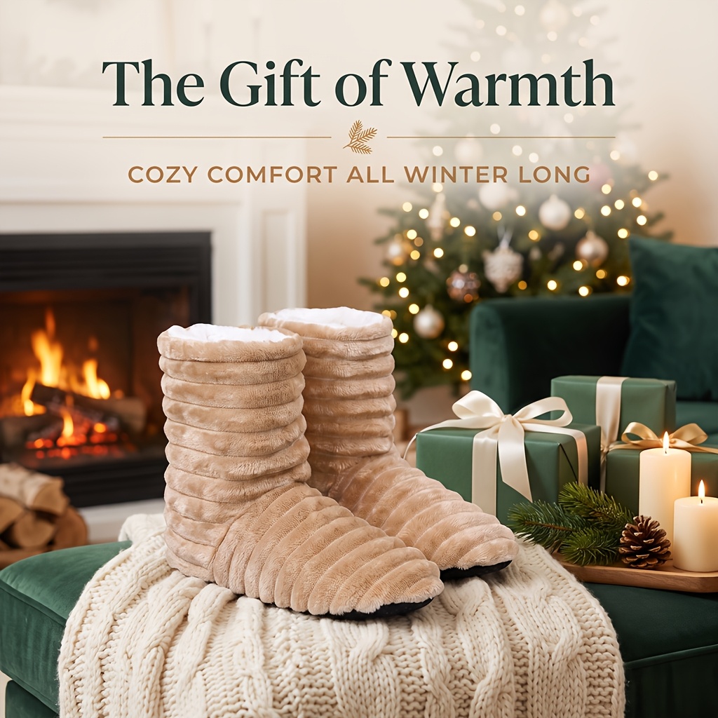 TEMU Women's Fuzzy Plush Slipper Socks With Grippers, Cozy Fleece-lined Soft Sole Indoor Boot Socks, Warm Fluffy Ribbed Home Slipper Boots For
