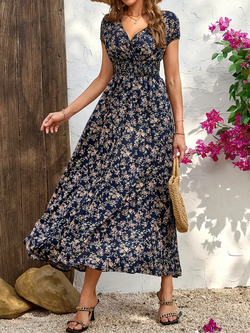 floral print surplice neck dress elegant cap sleeve shirred - Temu floral print surplice neck dress elegant cap sleeve shirred - Temu
