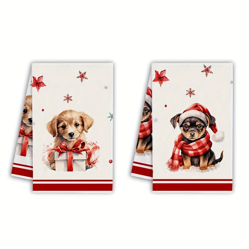 

2pcs Christmas Kitchen Towel Set - Cute Dog & Checkered Design, Microfiber, Machine Washable, 29x18 Inches