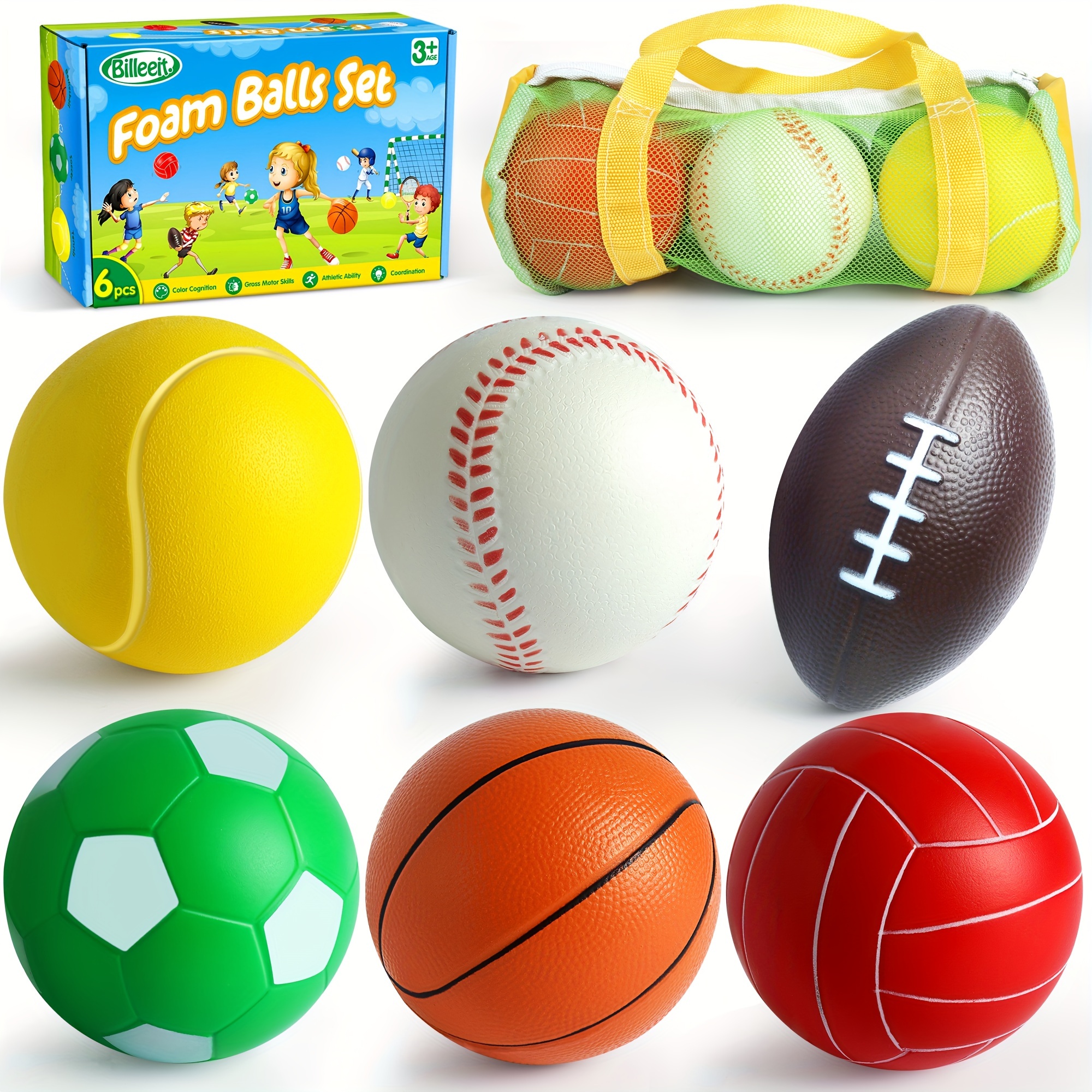 

Mini Set For , First Sports Bag For 3+, Includes 1 Of 3.5" Foam Soccer, Tennis Ball, Basketball, Football, Baseball, Volleyball, Fun Ball Toys, Set Of 6