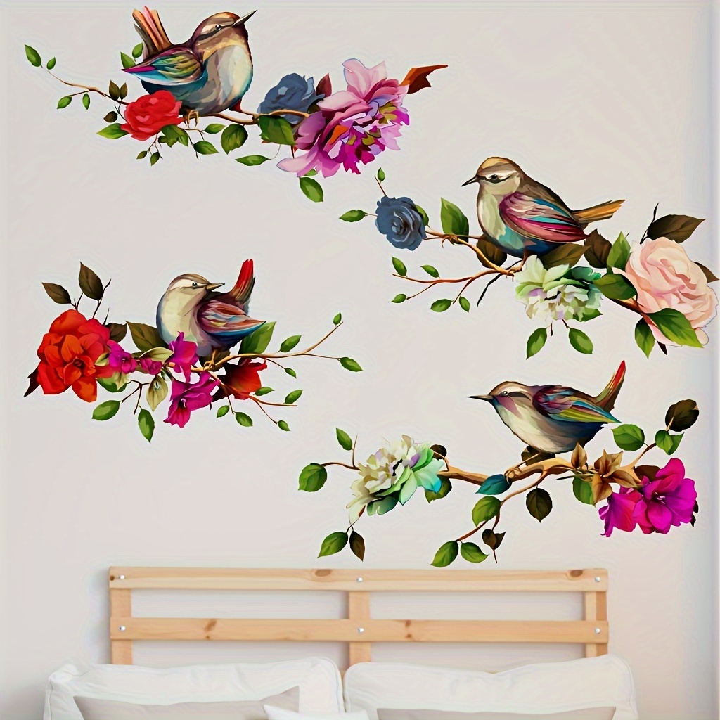 

[1pc Floral Wall Decal] 1pc Vibrant Floral And Birds Wall Decal, Plastic Self-adhesive Decoration For Living Room Bedroom Decor, Aesthetic Room Enhancement, No Power Needed