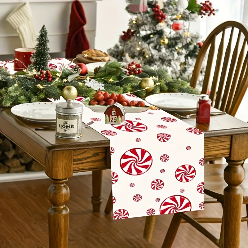 

Christmas Candy Table Runner For Holiday Party Dining Decor, Rectangular Polyester Woven Table Top Decoration For Living Room, Buffet, And Vanity - Festive Atmosphere, Machine Washable