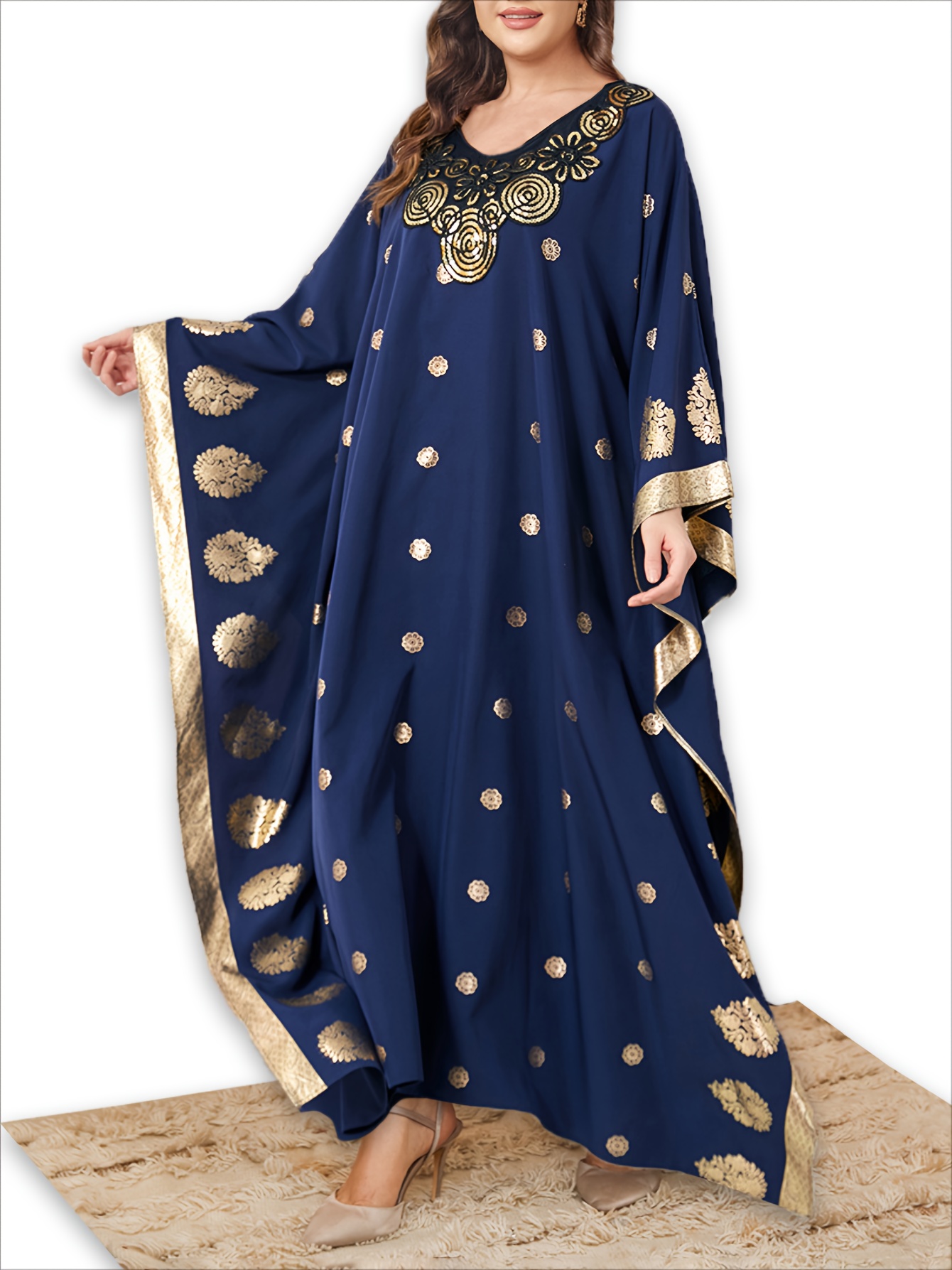 plus size all over pattern ankle kaftan dress elegant crew neck batwing sleeve dress womens plus size clothing