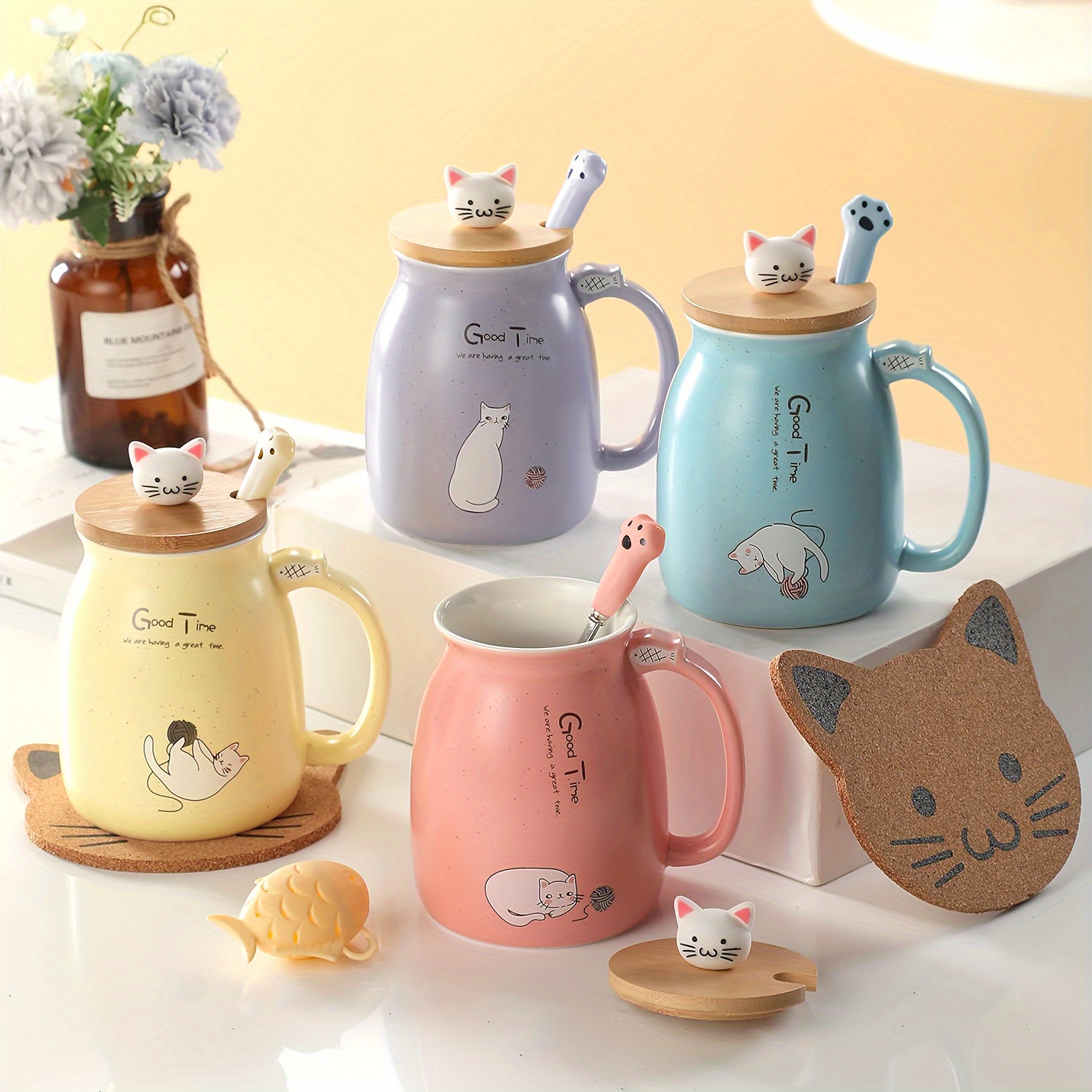 

Cute Cat Mug, Kawaii Ceramic Tea Cup Coffee Mugs With Lid And Spoon, Gifts For Cat Lovers, Birthday Gifts Christmas Gifts For Women 13oz