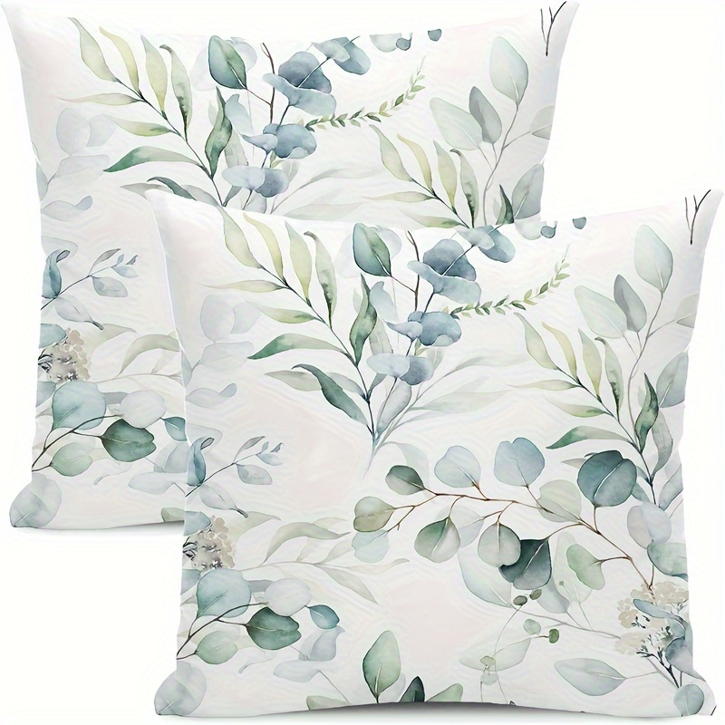 

2pcs Velvet Spring Summer Eucalyptus Leaves Watercolor Throw Pillow Covers 18x18in, Charming Sage Green Botanical Cushion Cases For Home Decor(no Pillow Core)