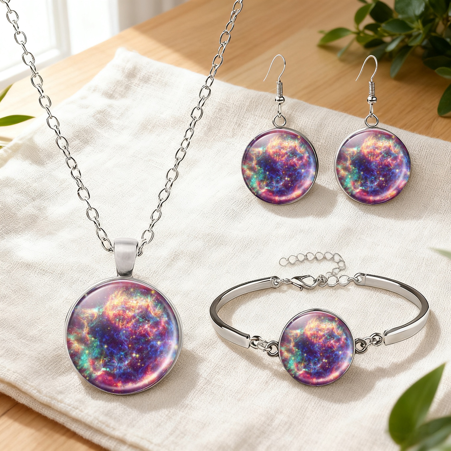 4pcs White Circular Pattern Jewelry Set with Necklace & Bracelet
