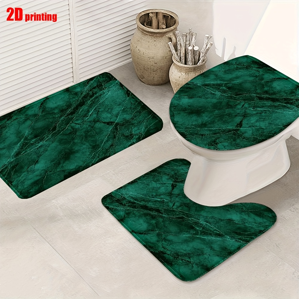 TEMU 3pcs 2d, Thickened Super Soft Comfortable Dark Green Marble Pattern Area Rug For Spring Summer , Non-slip And Durable, Machine Washable, Toilet