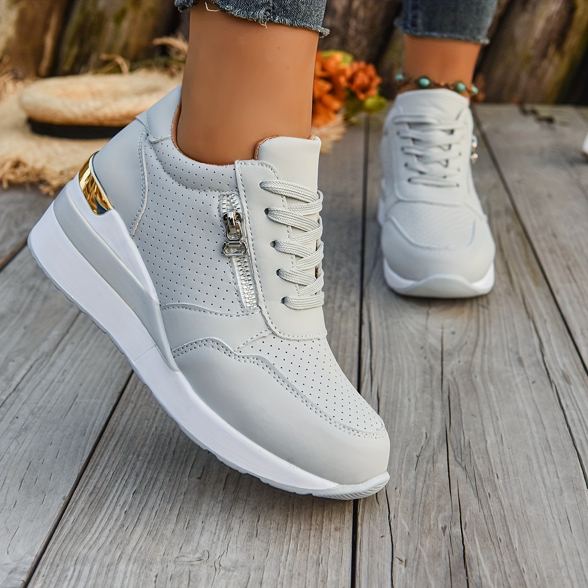 TEMU Women' Sneakers With Golden Accents - Comfortable Lace-up, Casual Sports , Casual Footwear | Trendy Sneakers | Durable Footwear