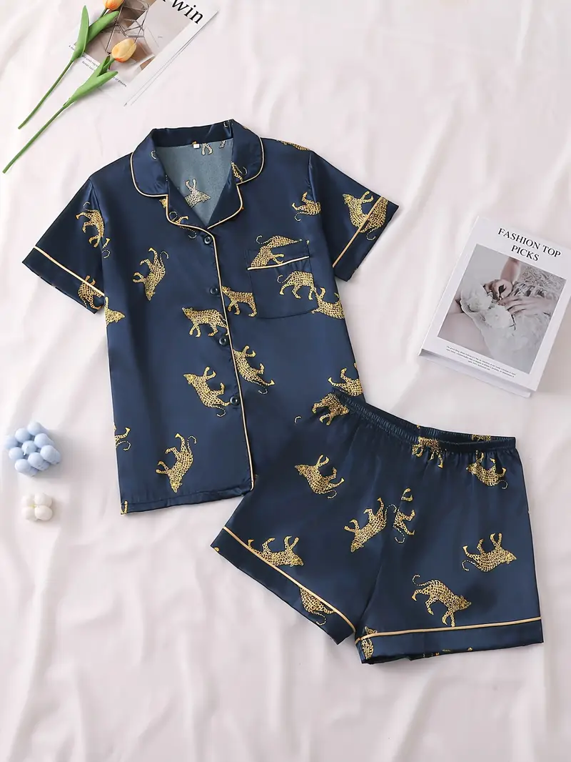 womens print satin pajama set elegant two piece loungewear with button shirt shorts comfortable casual sleepwear for bridesmaids casual attire bridesmaid outfit stylish loungewear ladies pajamas Product details 0