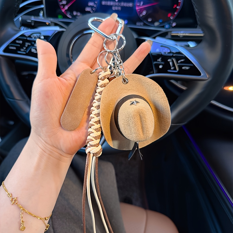 TEMU Llavero de sombrero de cuerda trenzada a de moda, mini llavero con sombrero de estrella de puntas, lindo llavero para coche