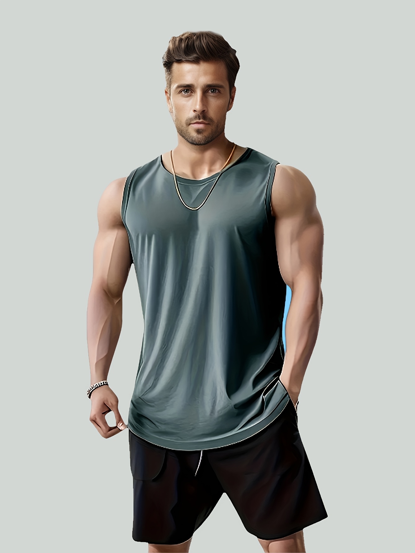 [Lightweight Design] Men's Quick-Dry Sleeveless Gym Shirt - Breathable, Moisture-Wicking Polyester Mesh Tank Top for Running & Fitness, Round Neck, Regular Fit, Sports Vest|Casual Sports Style|Breathable Mesh, Gym Clothes, PLUS SIZE