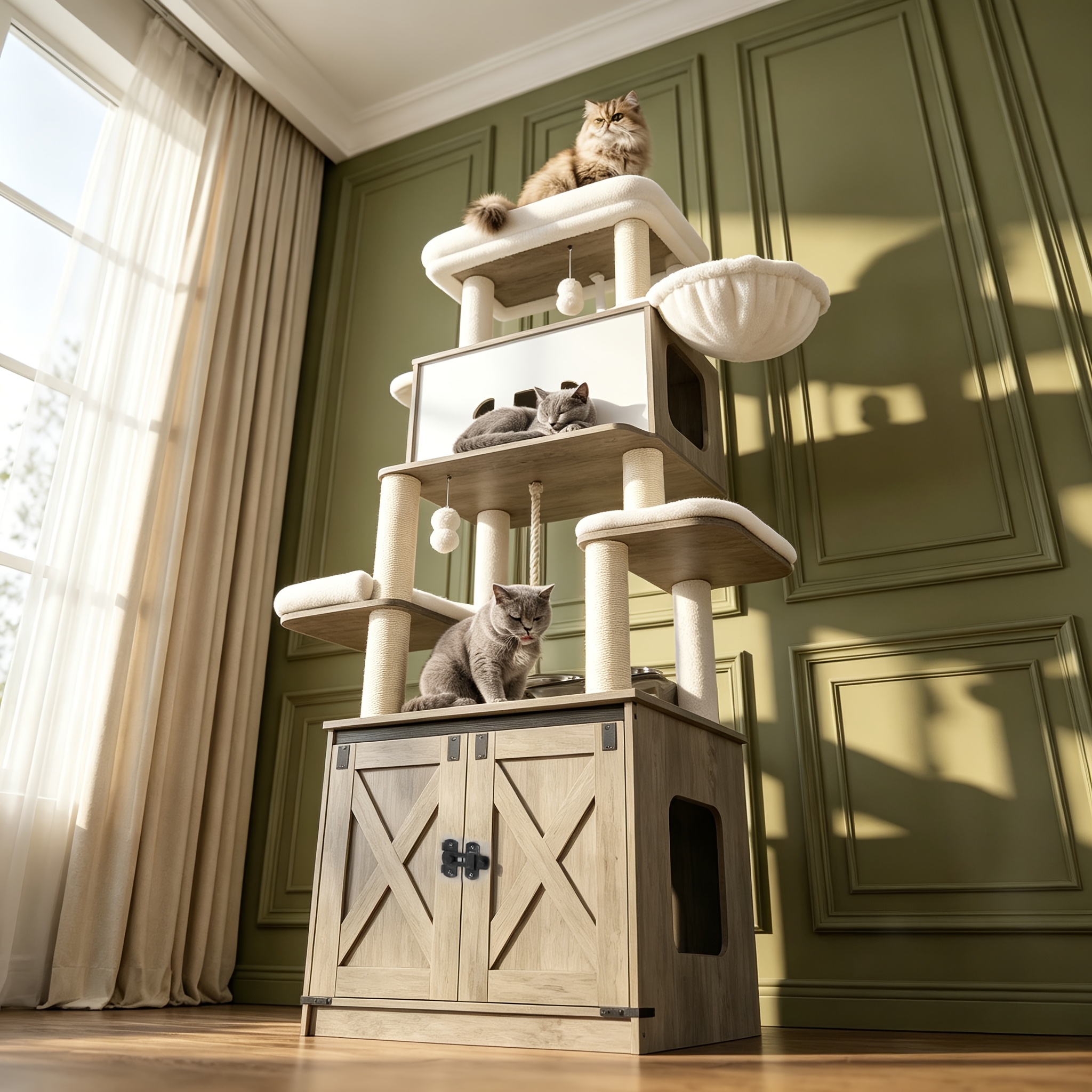 TEMU Grand arbre à chat de 174 cm de haut adapté aux chats - Meuble pour chat moderne à plusieurs niveaux avec bac à litière fermé, station