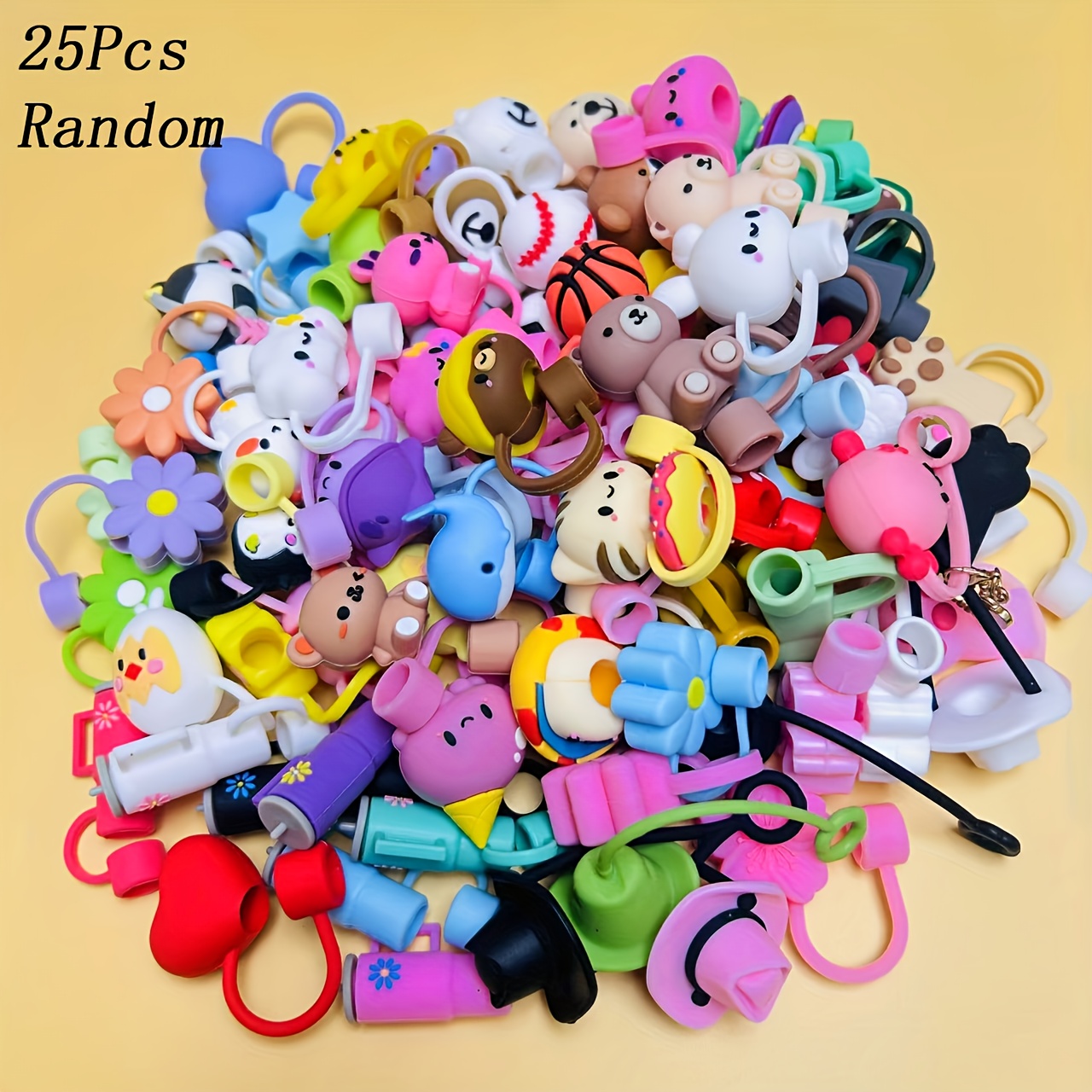 TEMU 25 Random Cute Cartoon Silicone Straw Sleeves - Suitable For 10mm Diameter Straws, Ideal For Birthday Parties And Celebrations, Sports Water