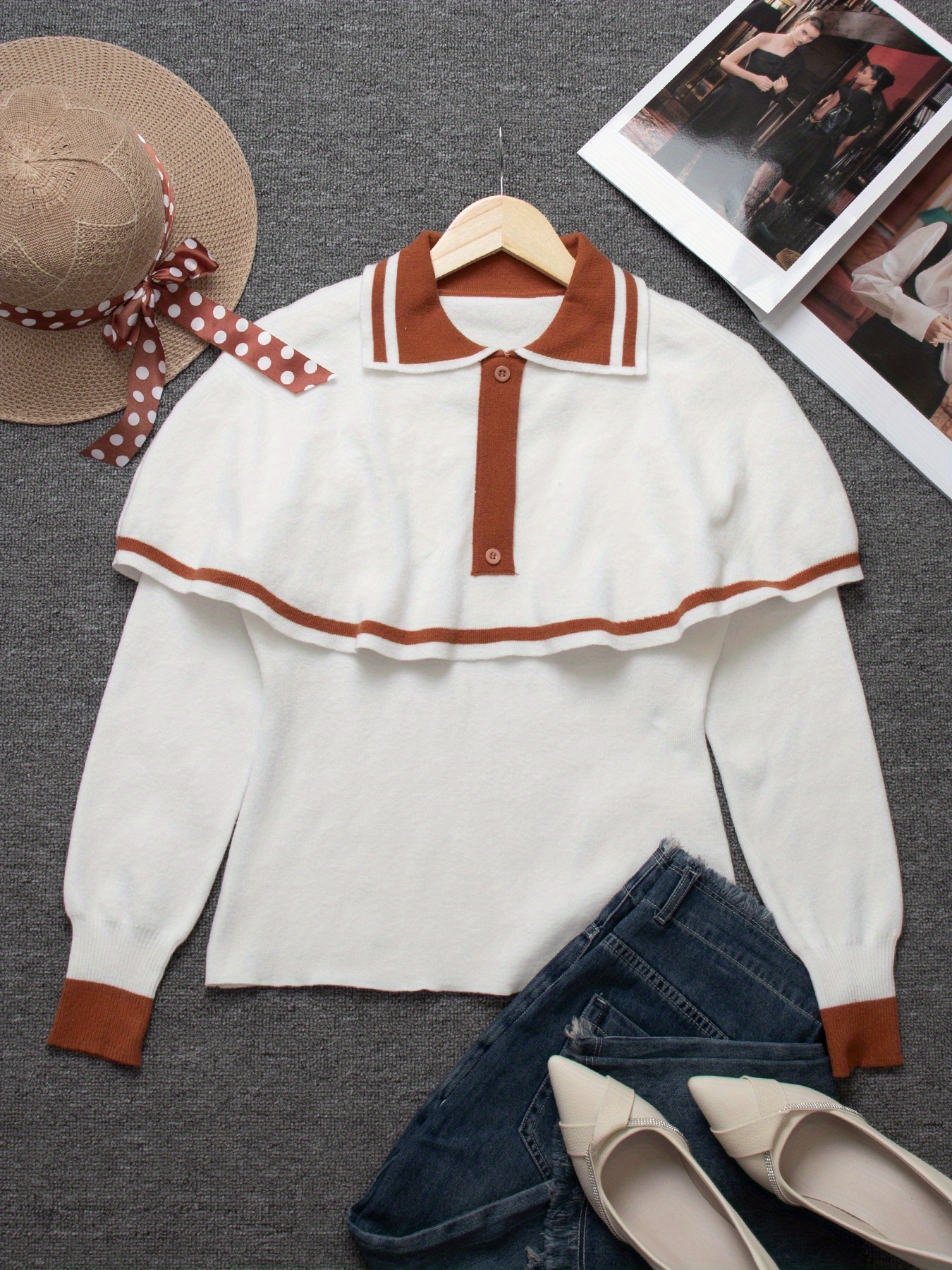 Elegant Women'S Long Sleeve Sweater with Color Block Lapel Collar - Chic Fall/Winter Top for Parties and Casual Outings, Sweater Dress