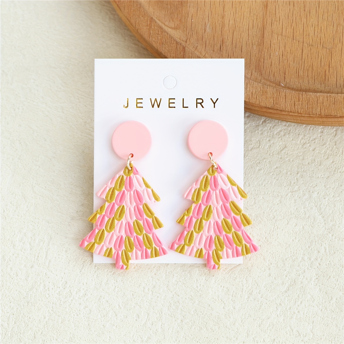 

Pink Christmas Tree Acrylic Earrings For Women - Cute Holiday Party Accessory, Stainless Steel Posts, Clay Texture, Pair