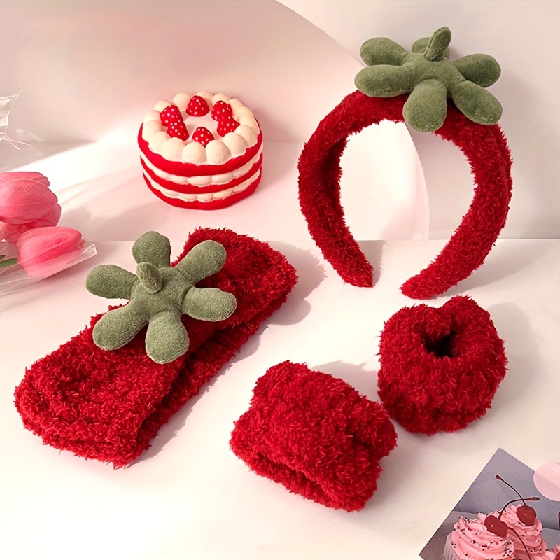 Spa-Stirnband & Armband Set Für Hautpflege – Erdbeer-Design, Wasserabsorbierend, Für Frauen & Mädchen