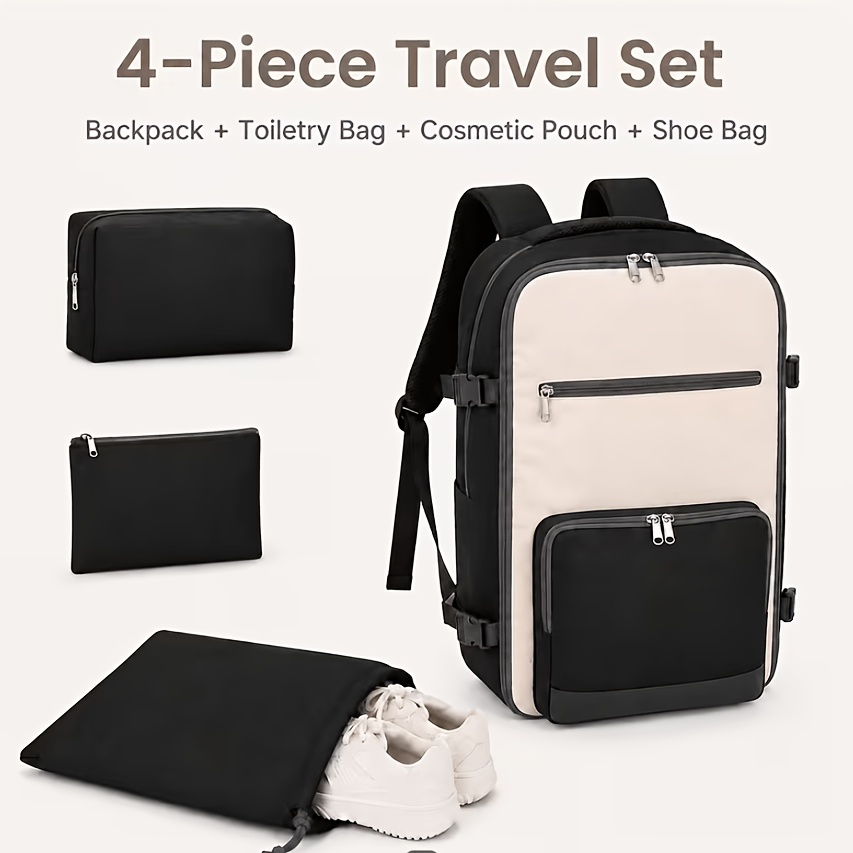 Image of 4pcs Travel Backpack Set, 15.6 Inch Laptop Carry-on Backpack With Toiletry Bag Cosmetic Pouch Shoe Bag, Large Capacity Flight Approved Weekender Bag For Women Men Airplane Travel