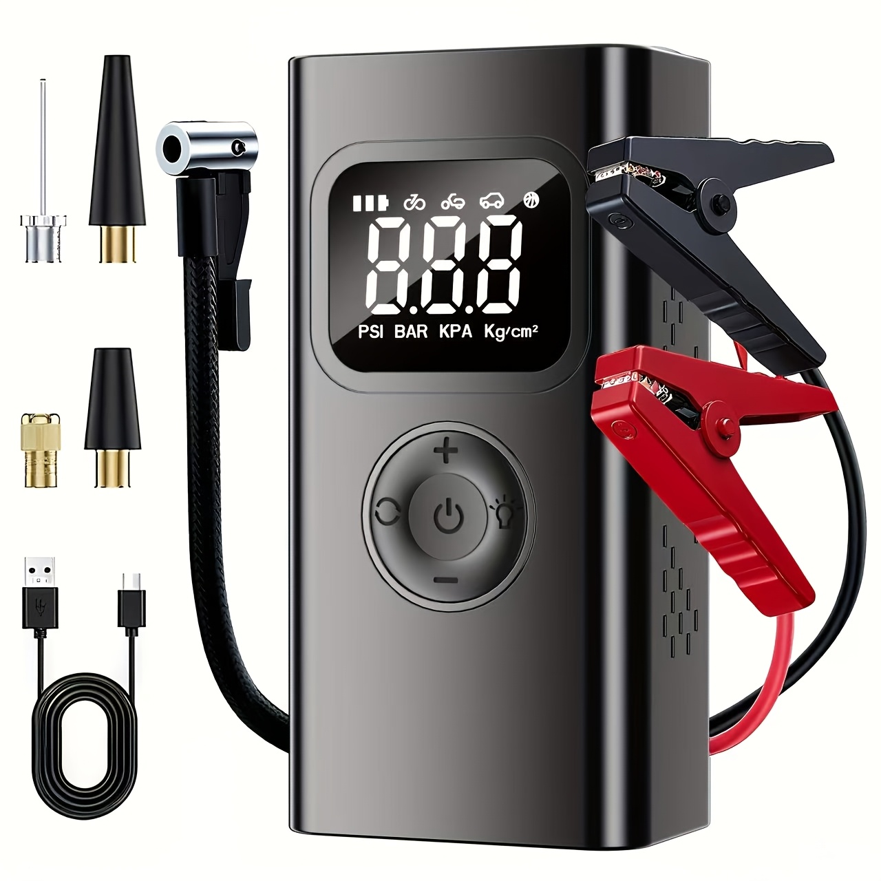 arrancador de batería con compresor de aire, arrancador de batería de coche (  5.0l/diésel 3.0l) con inflador de neumáticos de 150psi,   de batería de coche de 12v, powerbank de 1500mah con luz led, con carga rápida tipo c