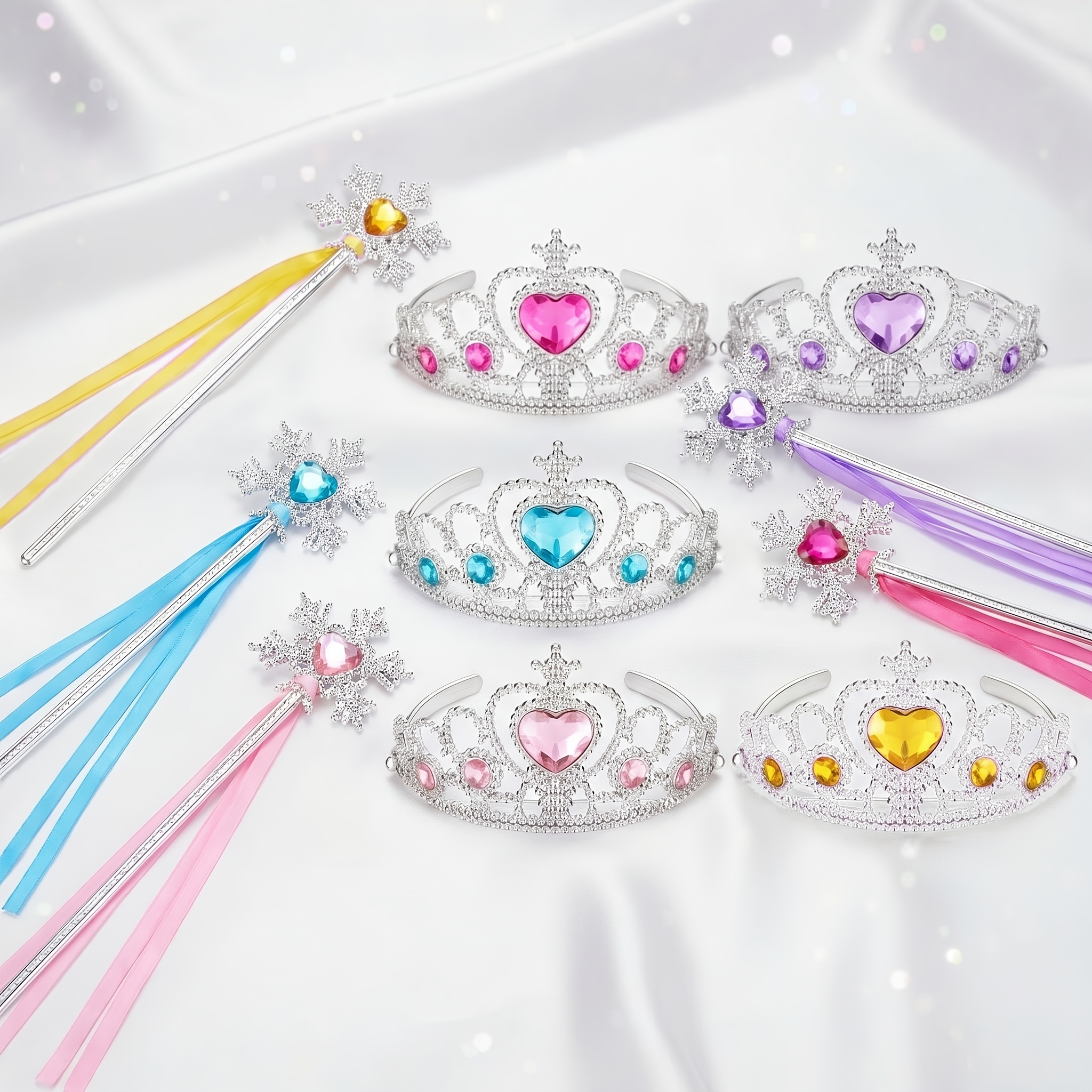 TEMU 10pcs Princess Scepter Heart Crown Decoration Accessory Set, Includes 5pcs Snowflake And 5pcs Plastic Gem Crowns, Princess Birthday Party