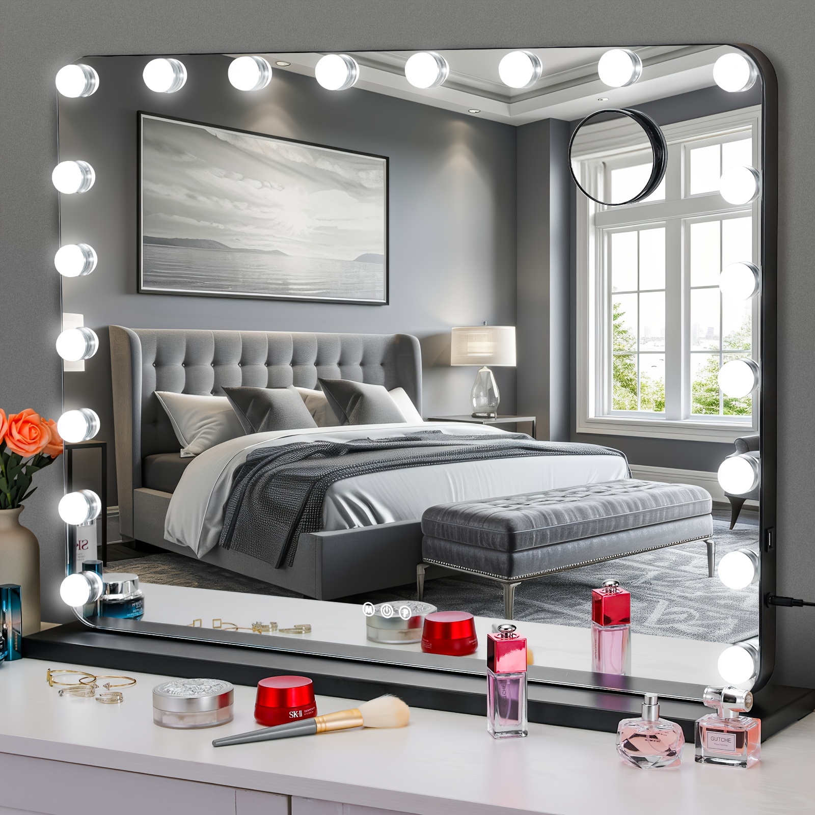 

Mirror 80 X 60 Cm, 20 Led Makeup Mirror With Lighting, 3 Light Colors, Dimmable, Usb, Lighted Makeup Mirror, Dressing Table Mirror, Wall Mirror, Table Mirror, Black